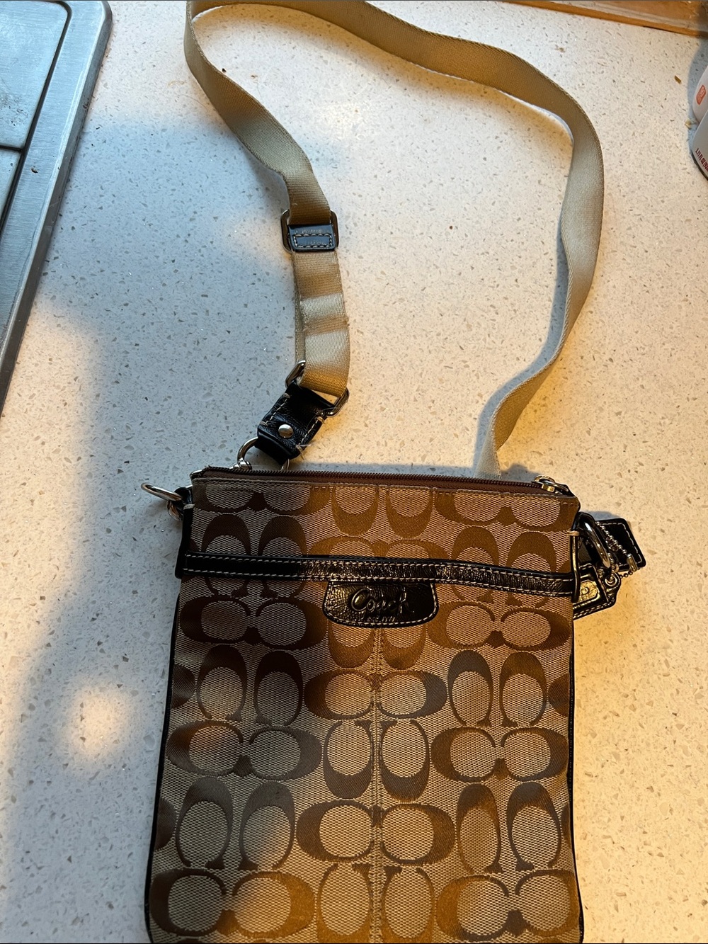 Coach Brown Signature Canvas Crossbody with Tan Strap